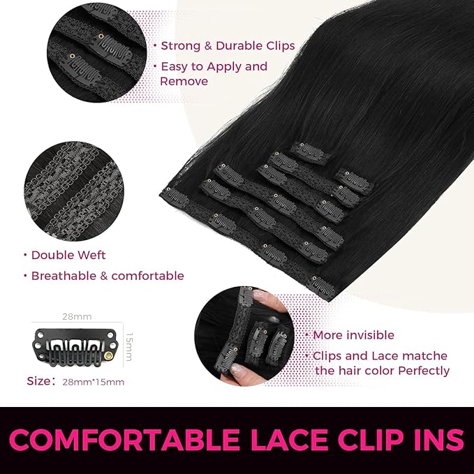 Lashey Clip in Hair Extensions 7pcs 120g #1 Jet Black Straight Human Hair Clip in Extensions for Women 16 Inch Thick Hair Extensions with Full Ends