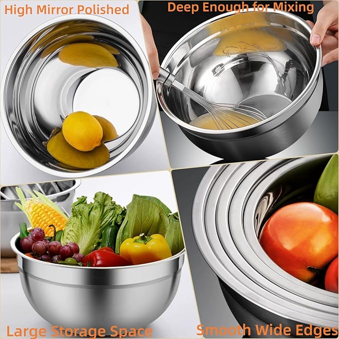 MIKULA Mixing Bowls Set, 22PCS Large Stainless Steel Mixing Bowl with Lids Set 7/6/4.5/3.5/2.5QT, 400ML Measuring Cups Spoons Storage Baking Nesting Metal Bowl for Kitchen Supplies