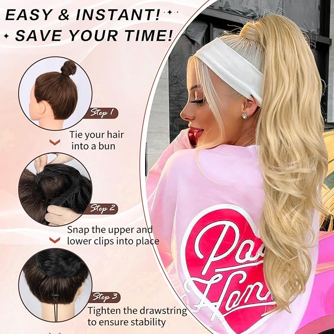 Blonde Ponytail Extension, 26 Inch Drawstring Ponytail Extension for Women Long Blonde Wavy Layered Pony Tails Hair Extensions Synthetic Clip in Ponytail Hairpiece for Women(27/613)