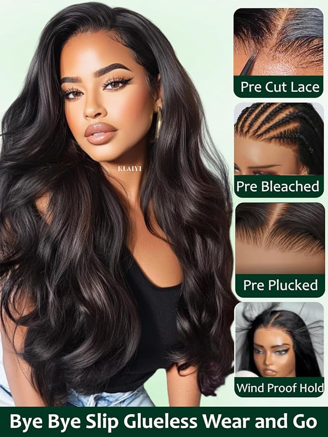 KLAIYI Bye Bye Slip™ Loose Body Wave Wig Layer Side Part 200% Density 7X5 Pre Cut Lace Front Wigs Human Hair Drawstring Glueless 30S Ready to Wear and Go Beginner Wig Pre Plucked Bleached Knots 14Inch