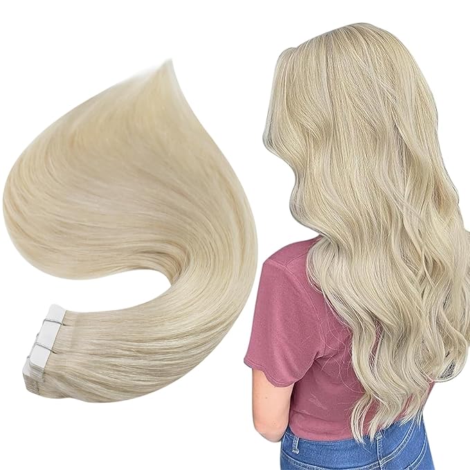 Full Shine Double Sided Tape in Hair Extensions Color 60 Blonde Skin Weft 16 Inch Invisible Hair Extensions Human Hair Tape ins 20 Pcs Seamless Add Volume Remy Pu Glue on Hair 50G