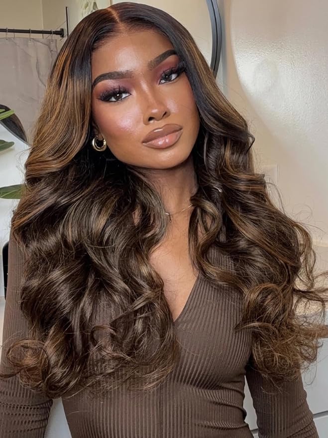 Julia Hair Bye Bye Knots Glueless Wig Highlight Balayage Brown Body Wave 7x5 Pre Cut HD Lace Front Wigs Human Hair Pre Plucked Bleached Knots Pre Everything Ready To Go Ombre Wig 18 Inch