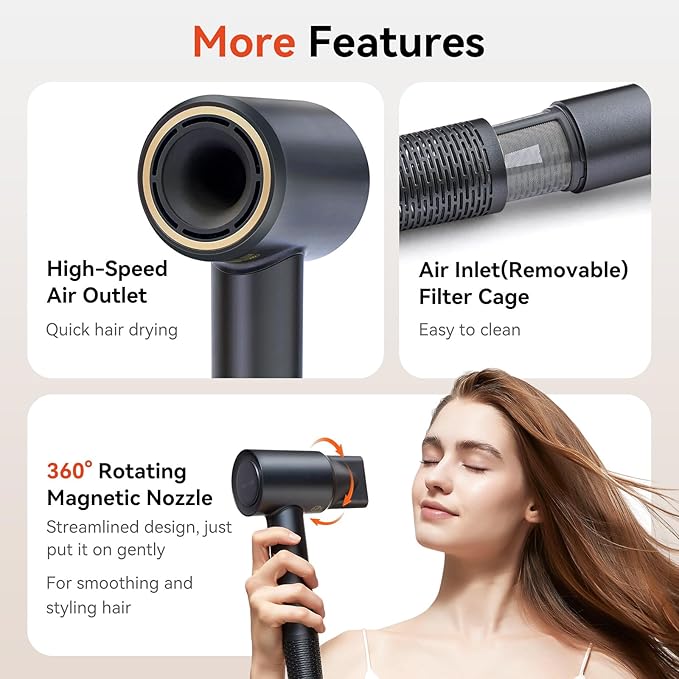 High Speed Hair Dryer - Ionic Hair Dryer with brushless Motor, Fast Drying, Low Noise, for Healthy Hair, with Magnetic Nozzle, Suitable for Home, Travel and Salon use (Black)