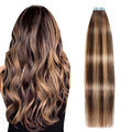 SUYYA Tape in Hair Extensions Human Hair 50g/pack 20pcs Straight Seamless Skin Weft Tape in Real Hair Extensions Ombre Balayage Chocolate Brown to Caramel Blonde(12inch #P4/27/T4)