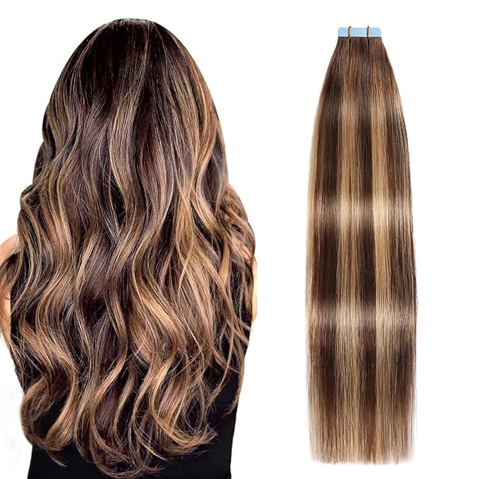 SUYYA Tape in Hair Extensions Human Hair 50g/pack 20pcs Straight Seamless Skin Weft Tape in Real Hair Extensions Ombre Balayage Chocolate Brown to Caramel Blonde(12inch #P4/27/T4)