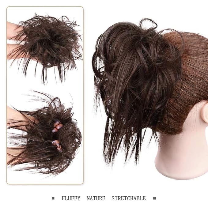 HMD Tousled Updo Messy Bun Hair Piece Hair Extension Ponytail With Elastic Rubber Band Updo Extensions Hairpiece Synthetic Hair Extensions Scrunchies Ponytail Hairpieces for Women (Darkest Brown)