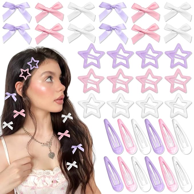36Pcs Y2k Pink Bow Hair Clips Water Drop Snap Hair Barrettes Metal No Slip Star Hair Clips White Mini Hair Bows Bowknot Star Hair Accessories for Women Girls