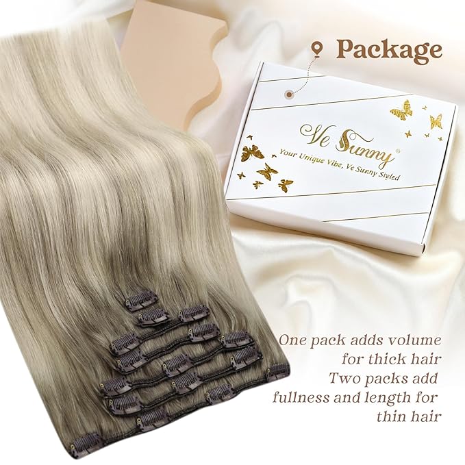 Ve Sunny Clip in Hair Extensions Straight Human Hair Clip in Extensions Remy Clip on Hair Extensions Real Human Hair Extensions Clip ins Ombre Ash Grey Balayage Platinum Blonde 20inch 120g