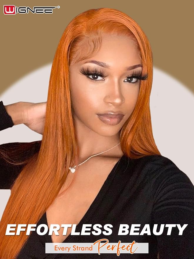 WIGNEE 13x6 Synthetic Lace Front Wig Pre-Plucked Synthetic Glueless Straight Wig 28" Voluminous Ginger Lace Front Wigs with Kanekalon Futura Hair