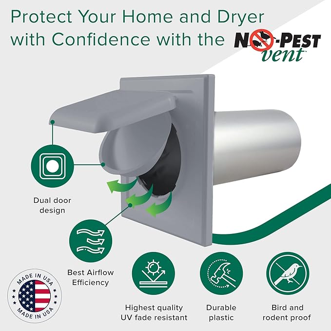 NO-PEST VENT, Exclusive Dual Door Dryer Vent Cover Outdoor 4 inch with Collar, Made in USA w Highest UV Resistant Plastic in any Outdoor Vent Cover (Slate Grey, 4" Plastic WIth Collar)