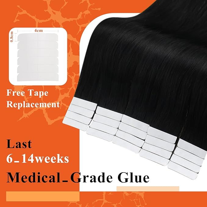 Full Shine Invisible Tape in Hair Extensions Human Hair 18Inch Soft Remy Tape in Hair Extensions Color Jet Black Tape Ins Human Hair Extensions 20Pcs 50Grams Long Straight for Women