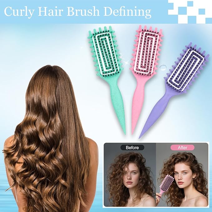 Curly Hair Brush Defining,Curly Brush Defining with Side Gear for Combing, Shaping,and Styling bounce,Lightweight Vented Hair Brush For Wet and Dry Hair（Green Purple）