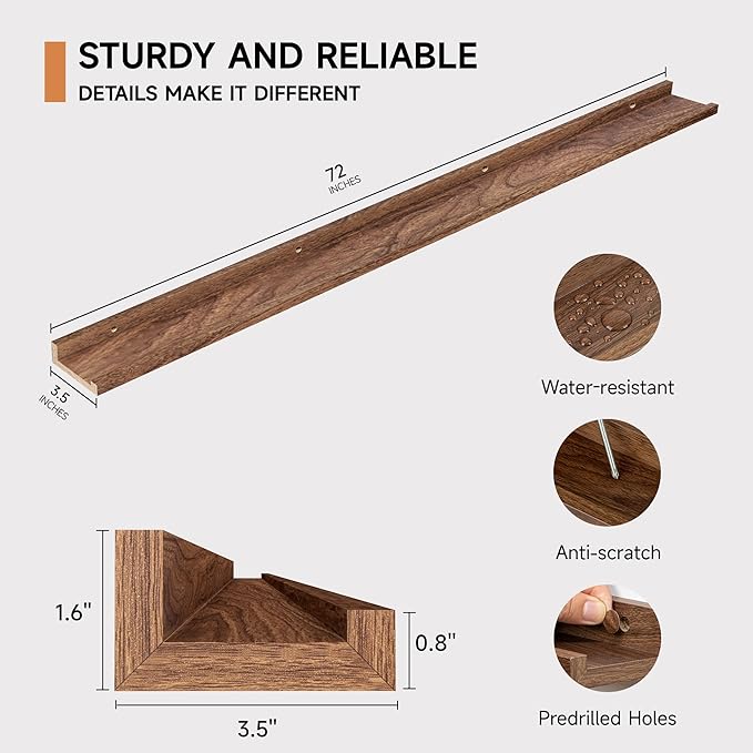 Floating Picture Ledge Shelves for Wall Set of 2, 72 Inches Picture Ledge Shelf with Long Large Nursery Book Shelf for Toys Storage Kids Bookshelf Wall Mounted Living Room Bedroom Decor Frames, Walnut