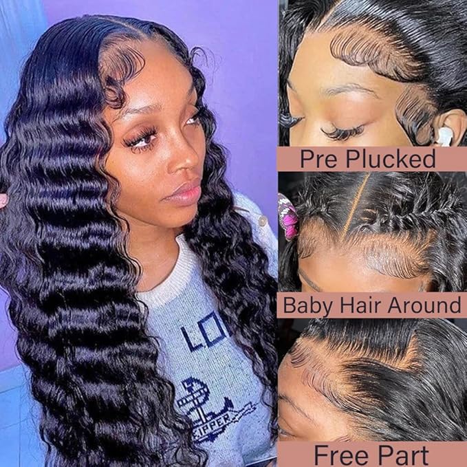 13X6 HD Lace Front Wigs Human Hair Pre Plucked Deep Curly Wave Brazilian Virgin Wigs with Baby Hair for Black Women Natural Black Color 180% Density 20 Inch