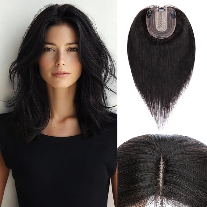 Rich Choices Hair Toppers for Women Real Human Hair 100% Human Remy Toppers NO Bangs for Women with Thinning on Top Clip in Hairpiece 4"x4.7"Lace Base 12 Inch #1B Natural Black