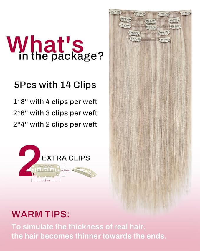 Moresoo Clip in Hair Extensions Remy Double Weft Human Hair Clip in Extensions Straight Hair Extensions for Women Ash Blonde Highlight with Blonde 5pcs 80g 10inch