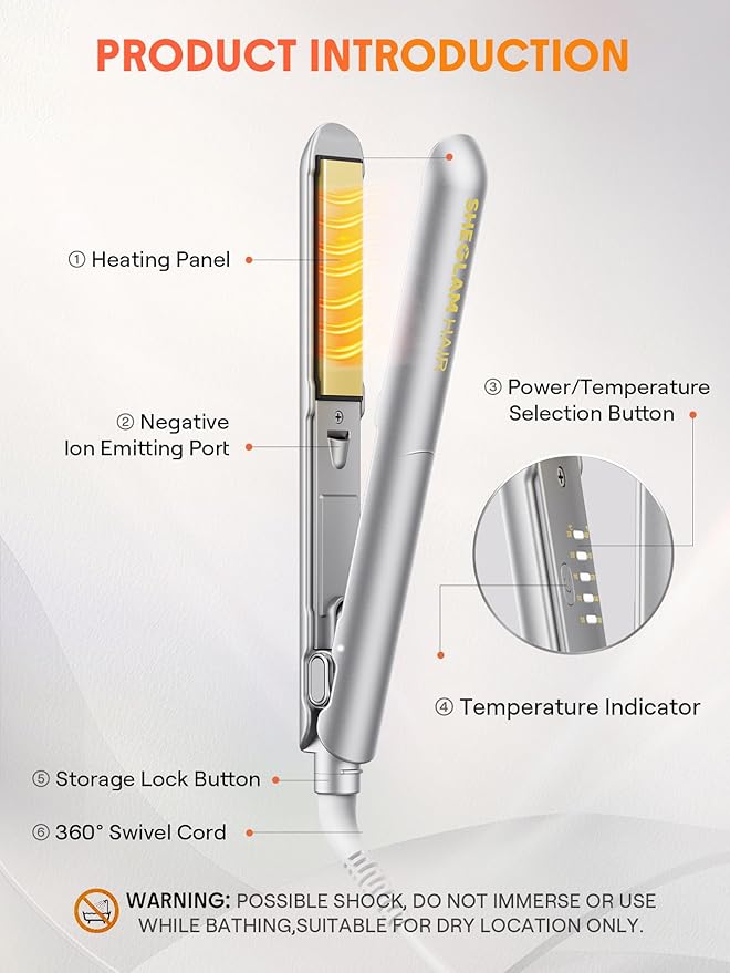 SHEGLAM Hair Straightener 1inch Negative Ion Flat Iron 60s Quick Heating Dual Voltage Sleek Chic Wide Glide