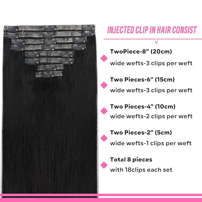 Injected Clip in Hair Extensions Real Human Hair Invisible Hand-Tied Weft Hair Extensions Clip in Human Hair Straight Seamless Clip ins for Women 8Pcs 120g 24inch #1B Natural Black