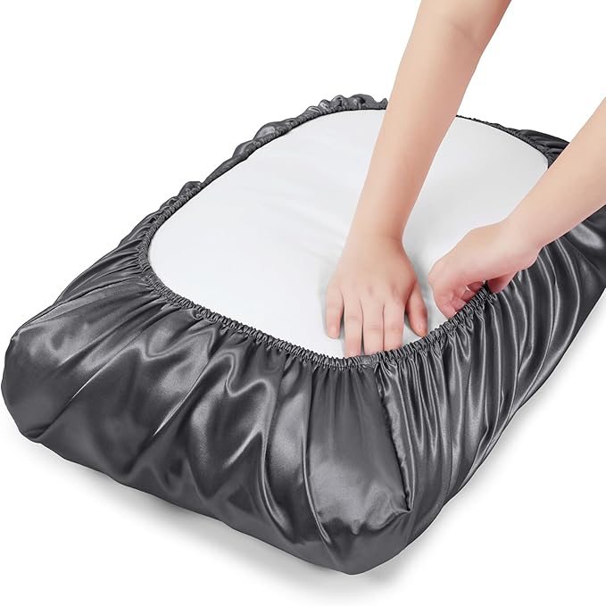 SiinvdaBZX Dark Grey Satin Pillowcase Standard/Queen Size Set of 2, Silky Travel Elastic Band Satin Pillow Case for Hair and Skin, Soft Portable & Fit for Various Pillow
