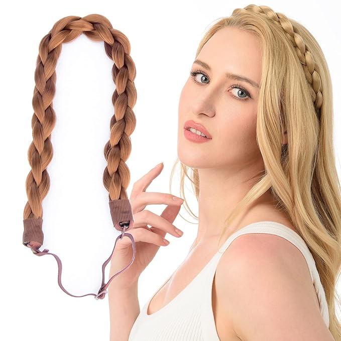 DIGUAN Chubby Narrow Synthetic Hair Braided Headband Classic Chunky Plaited Braids Elastic Stretch Hairpiece Women Girl Beauty accessory, 58g (Golden Red)