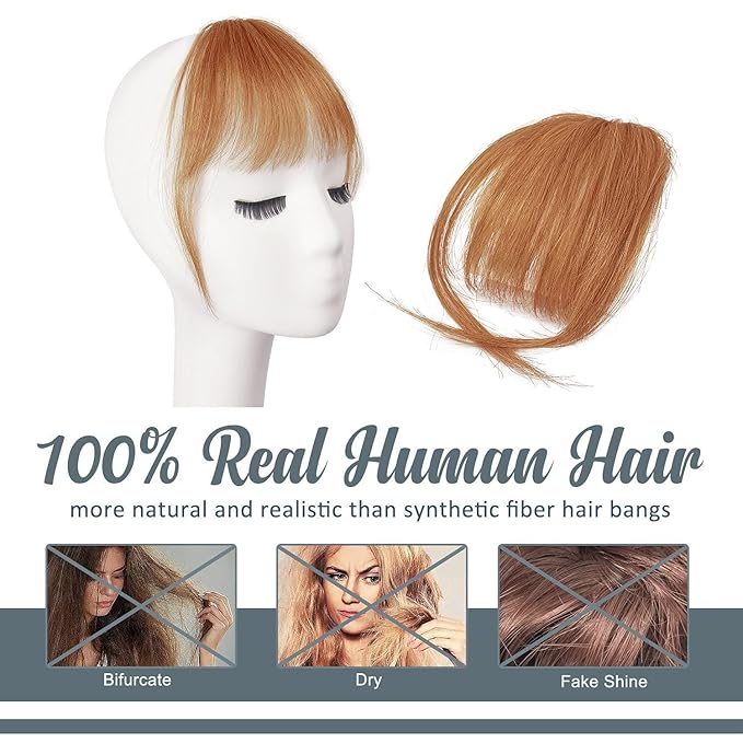 BARSDAR Real Human Hair Clip in Bangs - 100% Human Hair Clip in Bangs for Women - Auburn Wispy Bangs Extensions Fringe with Temples Dyeable Real Hair Bangs Hairpieces - Auburn