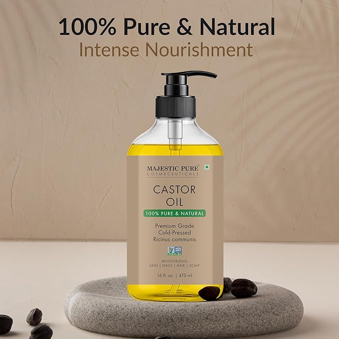 Majestic Pure Castor Oil - 100% Pure & Natural - Premium Grade, Cold Pressed, Hexane Free - Hair, Eyelashes, Eyebrows, Nails - Moisturizing & Nourishing - 16 Fl Oz