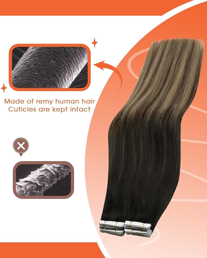 Sunny Hair Tape in Hair Extensions Real Human Hair Invisible Remy Hair Extensions Tape ins for Women Natural Black Ombre Dark Brown Balayage Ash Blonde 24 inch 25G