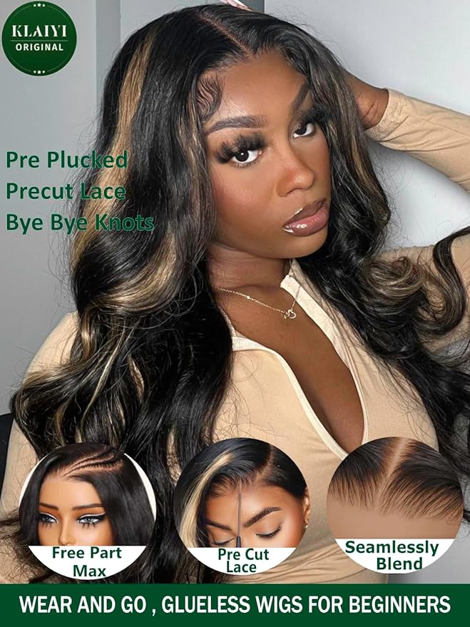 KLAIYI Bye Bye Knots Glueles Highlight Blonde Body Wave Wig Human Hair Precut 7x5 HD Lace Front Wig Pre Plucked Pre Bleached Ombre Wig with Dark Roots Chocolate Brown Wig 16Inch