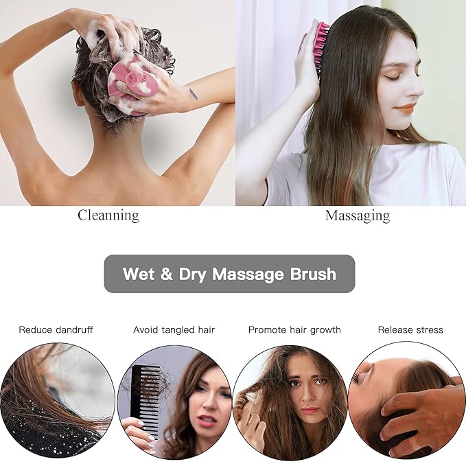 INNERNEED Scalp Massager Shampoo Brush, Wet & Dry Manual Scalp Care Head Scrubber Hair Washing, Soft Silicone Bristles, for Hair Growth, Dandruff Removal, Comfortable for All Hair Types (Pink)