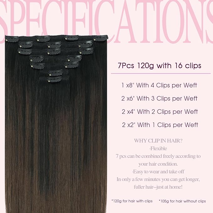 PINKPEARL Clip in Hair Extensions, 16 Inch 7pcs 120g #1BT4 Balayage Natural Black to Chocolate Brown, Hair Extensions Real Human Hair Clip Ins Natural Straight Hair for Women(#1BT4-16)