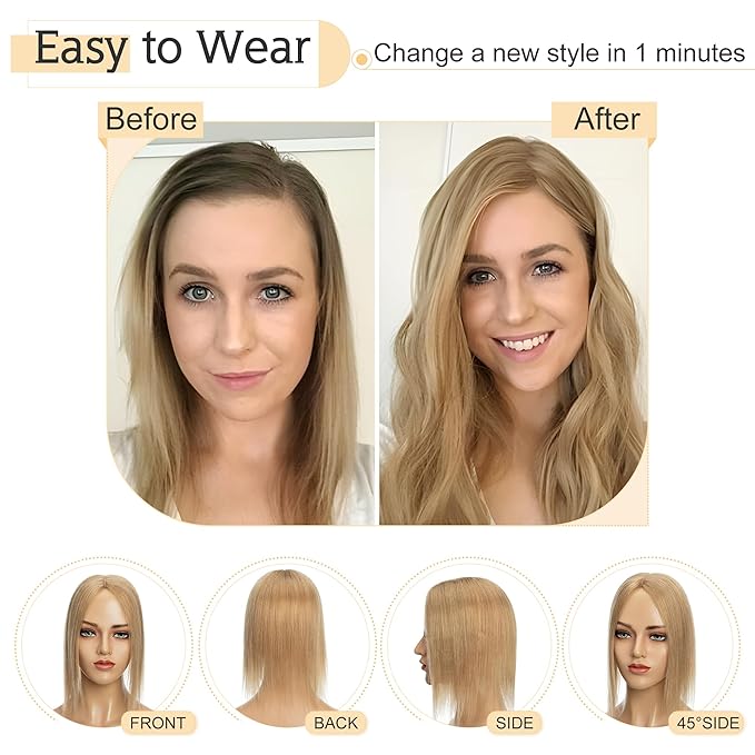 SEGO Human Hair Toppers for Women With Thinning Hair, 7 * 13CM Silk Base 100% Real Human Hair Clip in Top Wiglet Hairpieces -16 Inch No Bangs Dark Blonde
