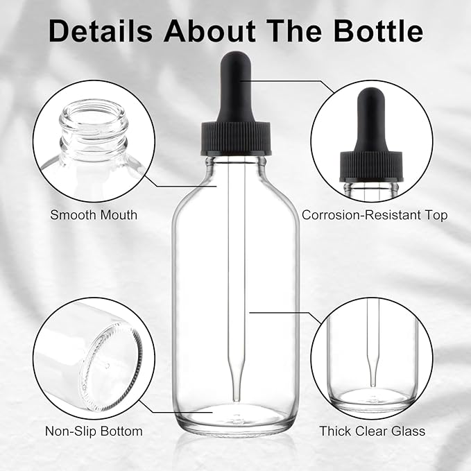 42 Pack 4oz Clear Glass Bottles with Glass Eye Droppers for Essential Oils, Perfumes & Lab Chemicals (Brush, Funnels, 3 Extra Droppers, 48 Pieces Labels & 30ml Measuring Cup Included)