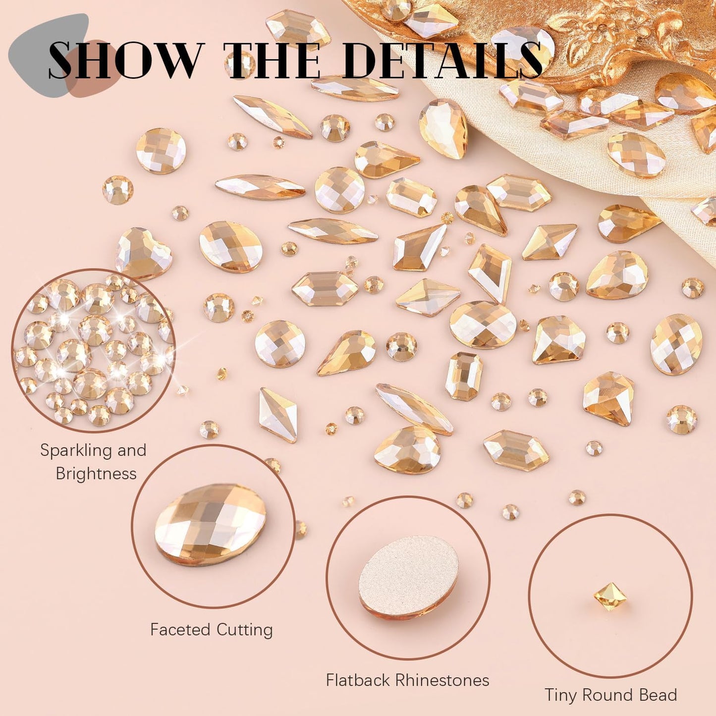 2060Pcs Champagne Gold Glass Nail Rhinestones 60Pcs Multi Shapes Flatback Nail Gems + 2000Pcs 1.5-4mm Round Crystal, Manicure Nail Charms Diamond Gemstone for Acrylic Nails Decoration