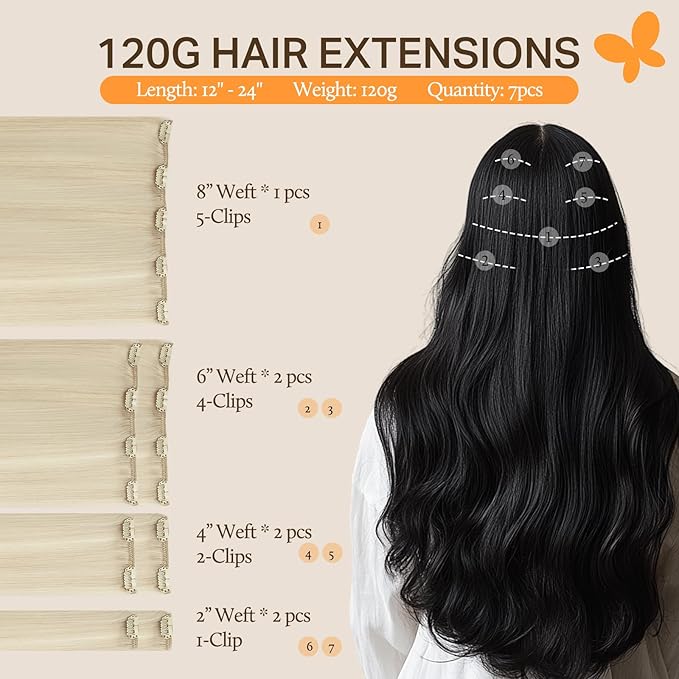 DOORES Human Hair Extensions, Platinum Blonde 14 Inch 120g 7pcs, Natural Thick Clip in Hair Extensions Straight Weft Gift