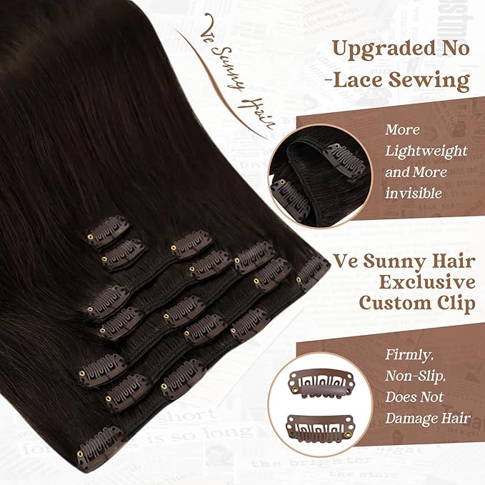 Ve Sunny Clip in Human Hair Extensions Dark Brown Clip in Hair Extensions Real Human Hair Soft Real Hair Extensions Clip in Human Hair Natural Look 120g 7pcs 18inch
