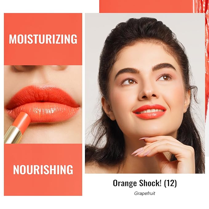 Oulac Moisturizing Shine Orange Red Lipstick for Women - 2 in 1 Orange Red Glossy Tinted Lip Balm, Hydrating Winter Lipstick for Dry Lips,Shine Juicy Finish Vegan 2.2g/0.07oz (12)