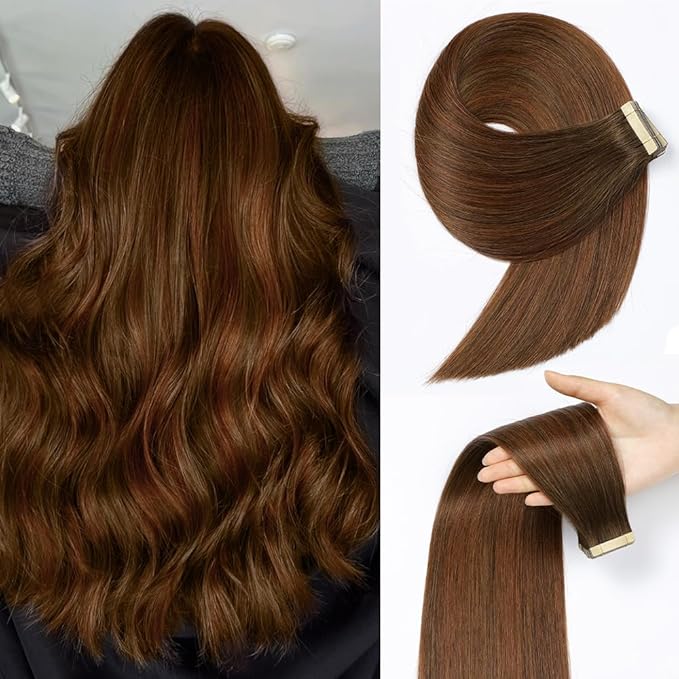 Chestnut Brown Mixed Dark Auburn Tape in Hair Extensions Human Hair, 20pcs 16 Inch Remy Hair Extensions Straight Human Hair Tape in Extensions Skin Weft Tape Extensions Human Hair (4/4/33#,16 Inch)