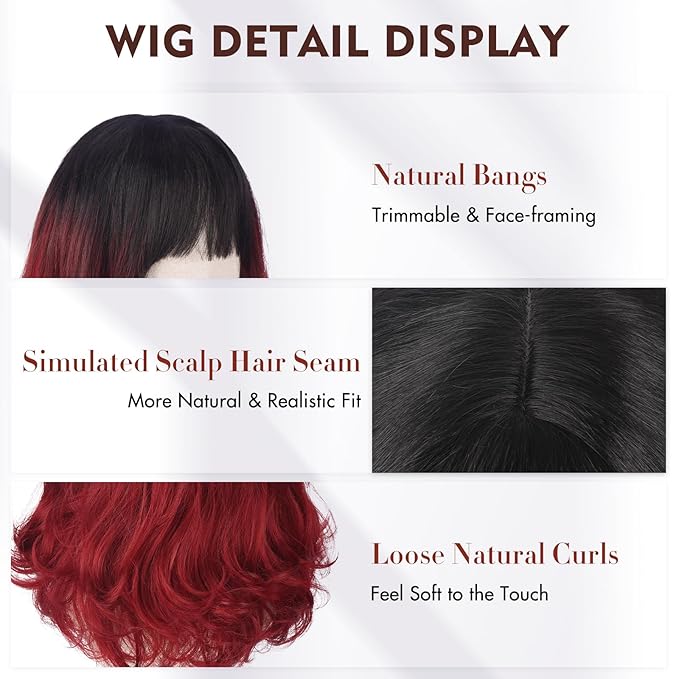 Wig with Bangs for Women | 16 Inch Layered Body Wave Synthetic Wig | Heat Resistant Yaki Fiber Natural Looking Shoulder Length Wigs | Synthetic Wig for Daily Wear - Ombre Black to Burgundy