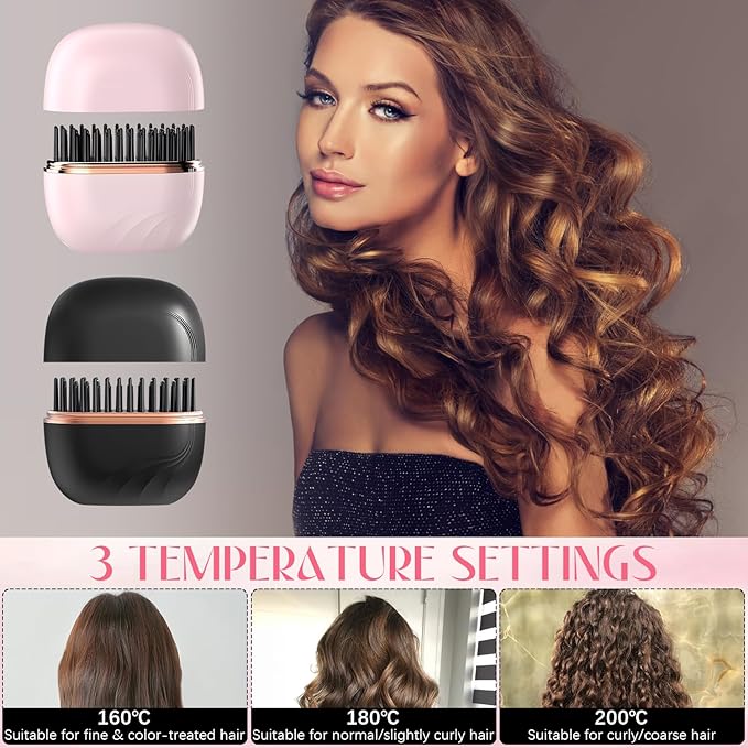 Mini Straightener,Rechargeable Portable Hair Straightener Brush,Fast Heating Hot Comb,Anti Scald Shell,3-Speed Temperature Control,Lightweight Mini Hair Straightener Brush for Home Travel Gift (Pink)