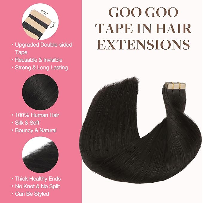 GOO GOO Tape in Hair Extensions Human Hair, 1B Natural black, 20inch 30g 10pcs, Skin Weft Seamless Invisible, Silky Straight with Thick Ends, Remy Human Hair