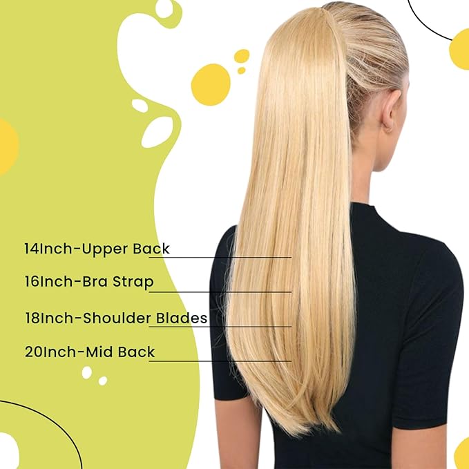 RUNATURE Ash Brown Human Hair Ponytail Extension 14 Inch Straight Ponytail Human Hair Extensions with Clips Highlighted Platinum Blonde Ponytail Hair Extensions Real Human Hair Full Ends 70 Gram