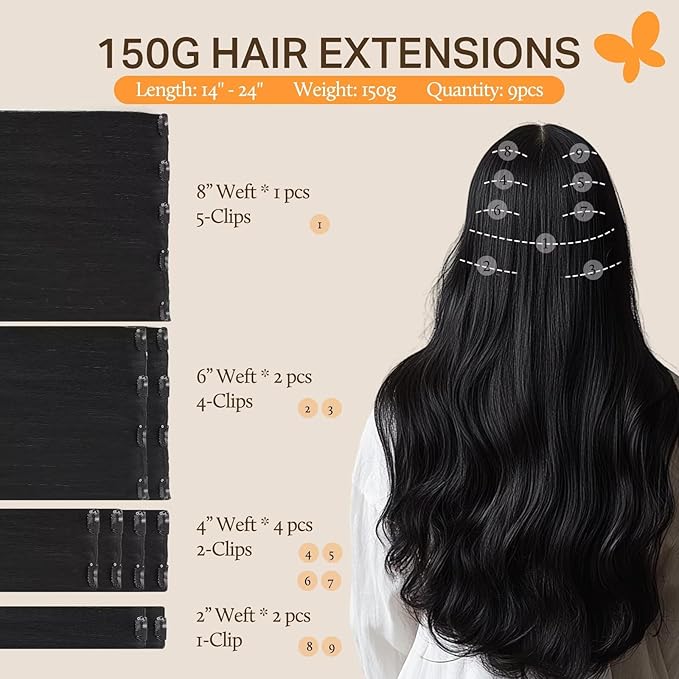 DOORES Jet Black Clip in Extensions, 150g 9pcs 14 Inch, Human Hair Natural Thick Remy Extensions Straight