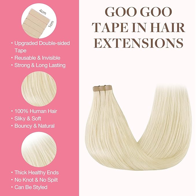 GOO GOO Tape in Hair Extensions Human Hair, 1000 Pure Platinum Blonde, 26inch 60g 20pcs, Skin Weft Seamless Invisible, Silky Straight with Thick Ends, Remy Human Hair