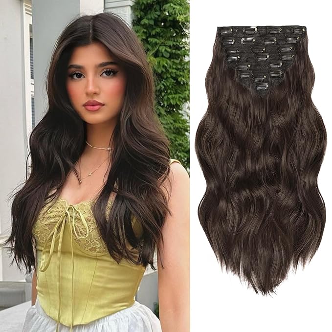 Clip in Hair Extensions for Women, 20 Inch Dark Brown Hair Extensions Clip Ins Wavy Curly, 8PCS Synthetic Airy and breathable Hairpieces for Women
