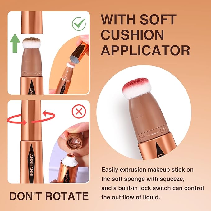 LANGMANNI Liquid Contour Beauty Wand, Face Concealer Contouring,Highlighter,Blusher Stick with Big Cushion Applicator.Cream Contour Stick Makeup. (#02 Contour+#04 Blush)
