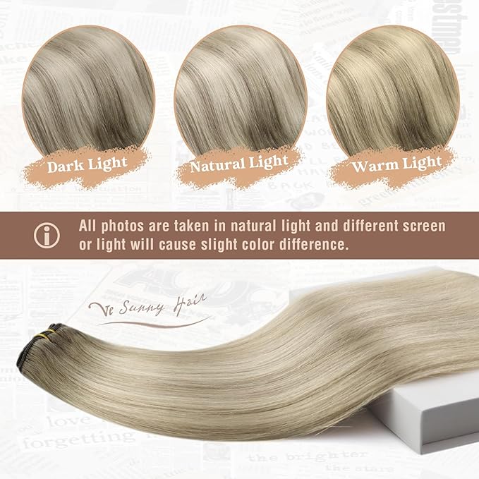 Ve Sunny Clip in Hair Extensions Straight Human Hair Clip in Extensions Remy Clip on Hair Extensions Real Human Hair Extensions Clip ins Ombre Ash Grey Balayage Platinum Blonde 20inch 120g