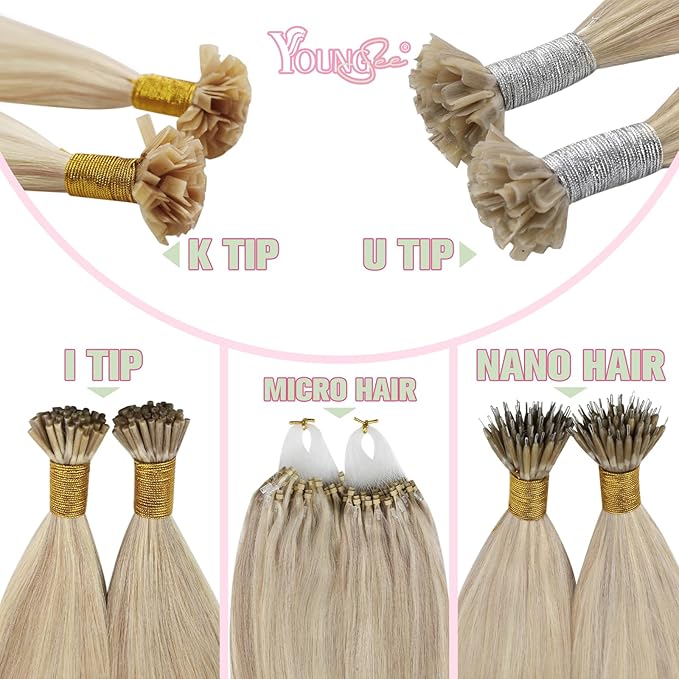 YoungSee K Tip Hair Extensions Highlight 14 Inch K Tips Hair Extensions Human Hair Ash Blonde Highlight Platinum Blonde Remy Keratin Tip Hair Extensions for Women Invisible 50g #18/613