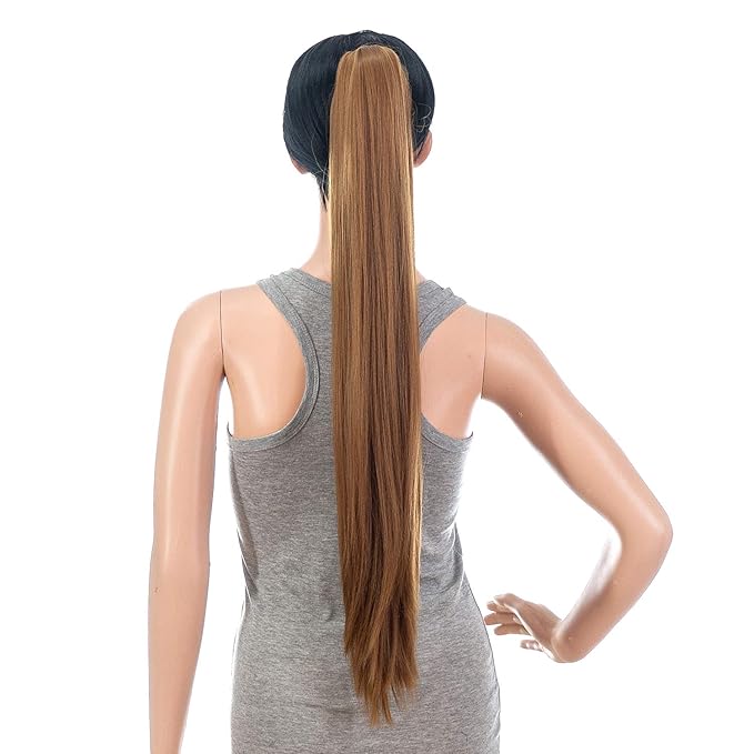 SWACC 28-Inch Long Straight Claw Clip Ponytail Extensions Synthetic Hair Extensions Ponytail Jaw Clip Hair Pieces for Women (Strawberry Blonde-27#)