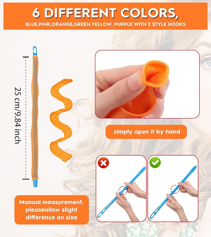 30 Pcs Heatless Hair Curlers Wave Curls Styling Kit with 2 Pcs Styling Hooks, No Heat Hair Curlers Heatless Wave Curlers for Women Girls Short Hair (6 Colors, 25 cm/9.84 inch)