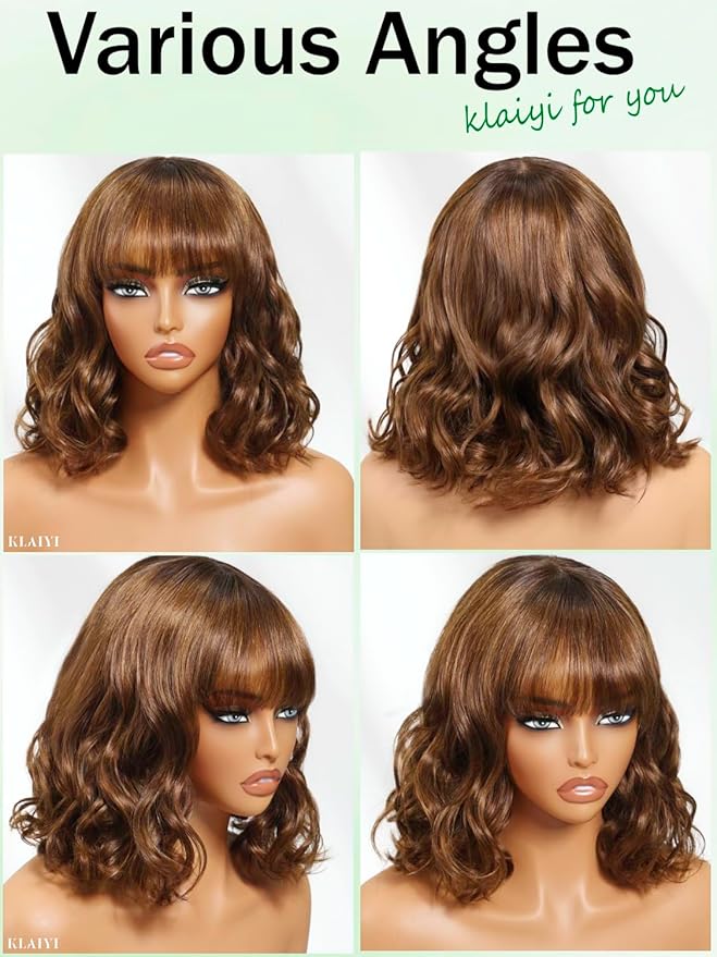 KLAIYI Brown Bob Wig Human Hair with Bangs Loose Body Wave Glueless 4x2 HD Transparent Lace Closure Chestnut Chocolate Brown with Highlight Blonde Ready to Wear and Go Beginner Wigs Pre Plucked 10Inch